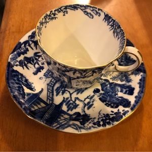 Royal Crown Derby Tea Cup & Saucer Vintage Mikado  England Blue & White Gold Rim